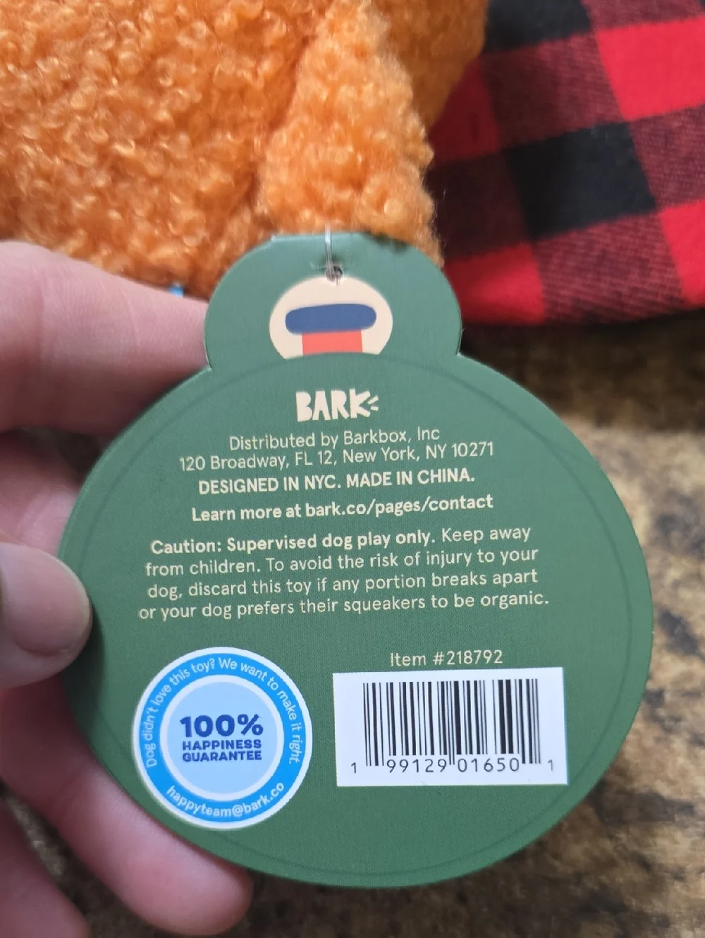 BARK Another Dam Hipster Dog Toy Orange with Plaid‎ Accent NWT Size Small